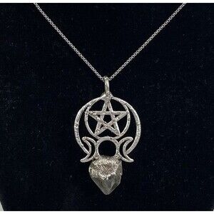 Crystal  Pendulum with Pentacle and Crescent Moon Design Silver Tone Rustic